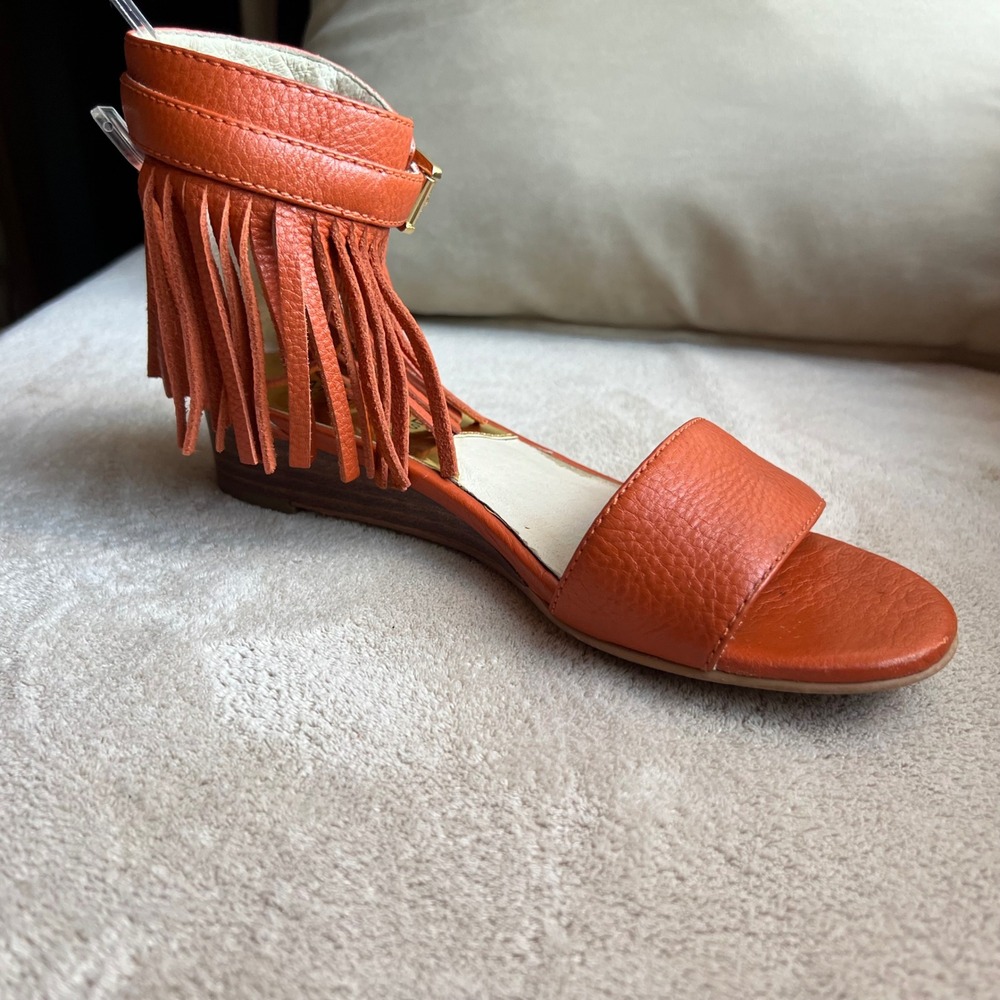 Michael Kors Women 5.5 M Orange Leather Fringe Ankle Wrap Wedge Sandals Boho - Picture 3 of 16